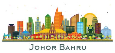 Johor Bahru Malezya City Skyline Renk Binaları beyaza izole edilmiş. Vektör İllüstrasyonu. Modern Mimariyle İş Seyahati ve Turizm İllüstrasyonu. Simgeli Johor Bahru Kenti.