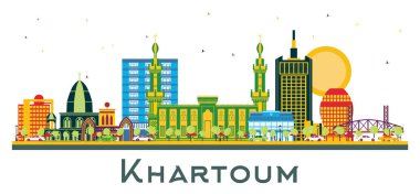 Hartum Sudan City Skyline ve Renk Binaları beyaza izole edilmiş. Vektör İllüstrasyonu. Tarihi Mimariyle İş Seyahati ve Turizm Konsepti. Tarihi Simgeli Hartum Şehir Manzarası.