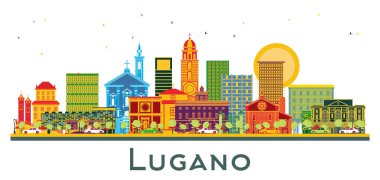 Lugano İsviçre Skyline ve renkli binalar beyaza izole edilmiş. Vektör İllüstrasyonu. Tarihi Mimariyle İş Seyahati ve Turizm İllüstrasyonu. Tarihi Simgeli Lugano Şehri.