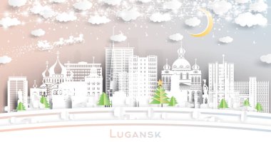 Lugansk. Kar taneleri, ay ve neon çelenklerle kağıt kesiği şeklinde ufuk çizgisi. Noel ve yeni yıl konsepti. Noel Baba kızakta. Şehir simgeleriyle Luhansk şehri.