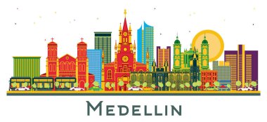 Medellin Kolombiya Şehri Skyline ve beyaz renkli binalar. Vektör İllüstrasyonu. Tarihi Binalarla İş Seyahatleri ve Turizm Konsepti. Tarihi Simgelerle Medellin Şehir Manzarası.
