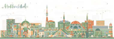 Makhachkala Rusya şehri renkli binalarla ufukta beliriyor. Vektör çizimi. Şehir simgeleriyle dolu Makhachkala şehri. Modern ve tarihi mimariyle iş seyahati ve turizm kavramı.