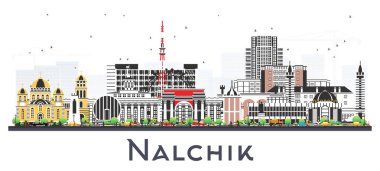 Nalchik Rusya şehri beyaza izole edilmiş renkli binalarla ufukta beliriyor. Vektör çizimi. Nalchik şehir simgeleriyle dolu. Modern ve tarihi mimariyle iş seyahati ve turizm kavramı.