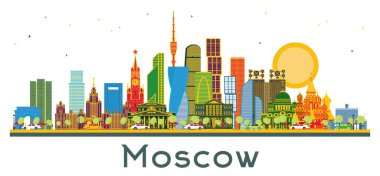 Moskova Rusya Şehri Skyline ve Beyaz Renk Binaları. Vektör İllüstrasyonu. Modern Mimariyle İş Seyahatleri ve Turizm Konsepti. Tarihi Simgelere sahip Moskova Şehri.