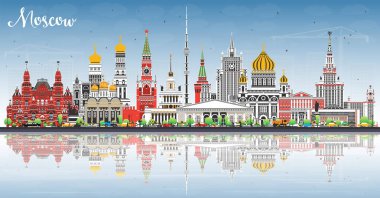 Moskova Rusya şehri renkli binalar, mavi gökyüzü ve yansımalarla silinip gidiyor. Vektör çizimi. Moskova şehir simgeleriyle dolu. Modern ve tarihi mimariyle seyahat ve turizm kavramı.