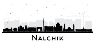 Nalchik Rusya 'nın silueti, beyaz üzerine izole edilmiş siyah binalar. Vektör çizimi. Nalchik şehir simgeleriyle dolu. Modern ve tarihi mimariyle seyahat ve turizm kavramı.