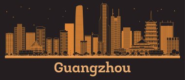 Portakal rengi binalarla Guangzhou China City Skyline 'ın ana hatlarını çiz. Vektör İllüstrasyonu. Modern Mimariyle İş Seyahati ve Kavram. Tarihi Simgeli Guangzhou Şehir Manzarası.
