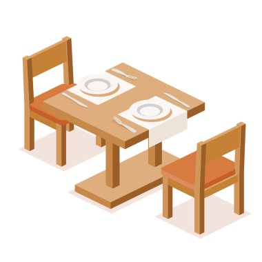 Beyaz üzerine izole edilmiş iki sandalyeli ahşap yemek masası. Vektör çizimi. Tabaklar, çatallar, bıçaklar ve peçeteler. Restoranlar, kafeler, misafirperverlik konsepti. Bilgi ögesi.