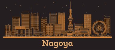 Nagoya 'nın ana hatları, turuncu binalı Japonya Şehri Skyline. Vektör İllüstrasyonu. Modern Mimariyle İş Seyahati ve Kavram. Tarihi Simgeli Nagoya Şehir Manzarası.