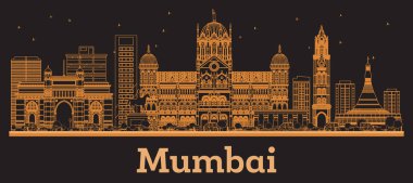 Mumbai Hindistan Şehri Skyline 'ı turuncu binalarla özetleyin. Vektör İllüstrasyonu. Modern Mimariyle İş Seyahati ve Kavram. Bombay Şehir Simgeleriyle.