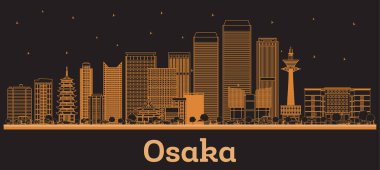 Osaka 'nın ana hatları, Osaka Japon Şehri Skyline ve turuncu binalar. Vektör İllüstrasyonu. Modern Mimariyle İş Seyahati ve Kavram. Tarihi İşaretli Osaka Şehri.