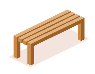 Isometric ahşap park bankı. Vektör çizimi. Dışarıdaki mobilyalar. Nesne beyaz arkaplanda izole edildi.