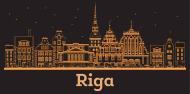 Riga Letonya City Skyline 'ı turuncu binalarla özetle. Vektör İllüstrasyonu. Tarihi Mimariyle İş Seyahati ve Kavram. Tarihi Simgeli Riga Şehir Manzarası.