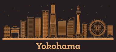 Yokohama 'nın ana hatları, turuncu binalı Japonya Şehri Skyline. Vektör İllüstrasyonu. Modern Mimariyle İş Seyahati ve Kavram. Tarihi işaretli Yokohama Şehir Manzarası.