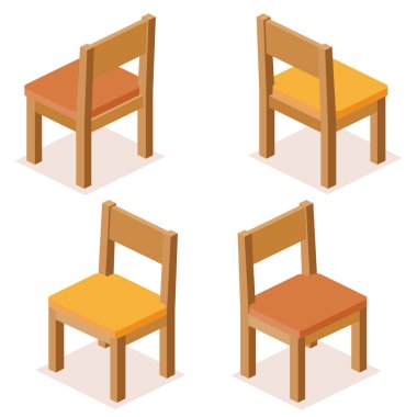 Farklı açılardan gösterilen, yumuşak turuncu-kahverengi minder koltuklu dört izometrik ahşap sandalye seti. İç tasarım konsepti, oyun varlıkları, mimari görselleştirmeler ve eğitim materyalleri.