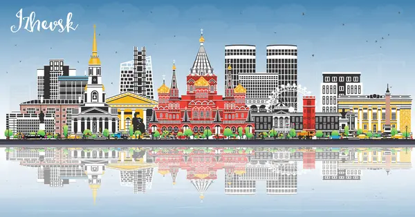 Izhevsk Rusya şehri gökyüzü mavi renkli binalar ve yansımalarla gökyüzüne doğru yükseliyor. Vektör çizimi. İzhevsk şehir simgeleriyle dolu. Modern ve tarihi mimariyle seyahat ve turizm kavramı.