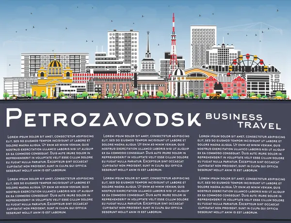 Petrozavodsk Rusya şehri gökyüzü mavi renkli binalar ve kopyalama alanı ile ufuk çizgisi. Vektör çizimi. Petrozavodsk şehir simgeleriyle dolu. Modern ve tarihi mimariyle turizm kavramı.