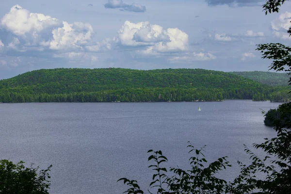 孤独的小白船在绿林旁边的一个巨大的湖上 — 图库照片