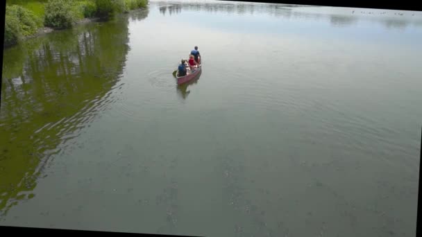 一个由爸爸 女儿和狗组成的年轻家庭在一个公园湖中的船上漂流 — 图库视频影像