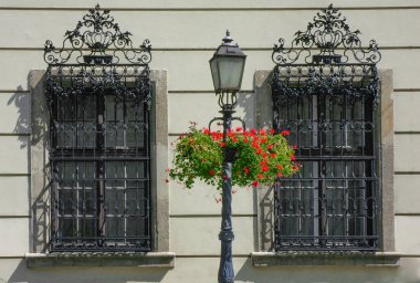 Dekoratif ızgaralı iki pencerenin yanındaki direkte çiçekler.