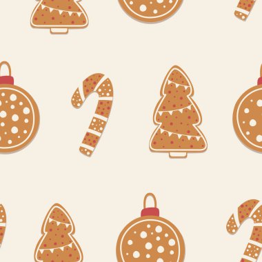 Sade zencefilli kurabiyelerle kusursuz desenler. Noel şekeri, yeni yıl ağacı, oyuncak. Hafif arkaplan
