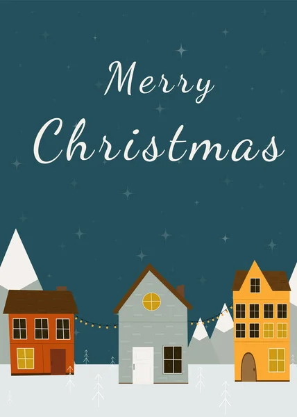 Feliz Navidad Postal Con Coloridas Casas Escandinavas Fondo Oscuro — Vector de stock