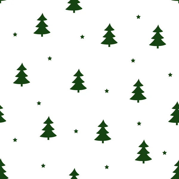 Бесшовный Узор Рождественскими Деревьями Плоские Новогодние Деревья Звезды Темно Зеленом — стоковый вектор