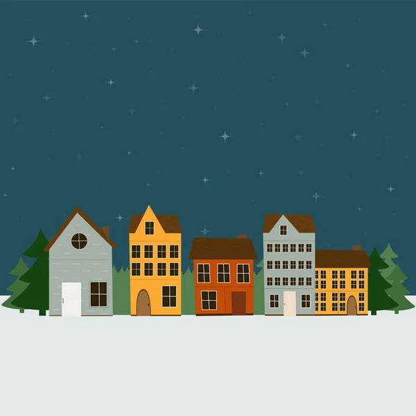 Цветные Зимние Скандинавские Дома Ночное Время Плоский Стиль — стоковый вектор