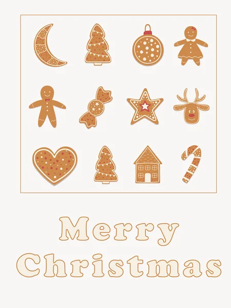 Feliz Navidad Postal Con Galletas Jengibre Sobre Fondo Claro Ilustración — Vector de stock