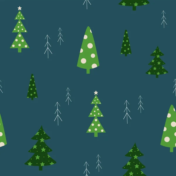 Бесшовный Узор Рождественскими Деревьями Плоские Новогодние Деревья Зеленого Цвета Темном — стоковый вектор