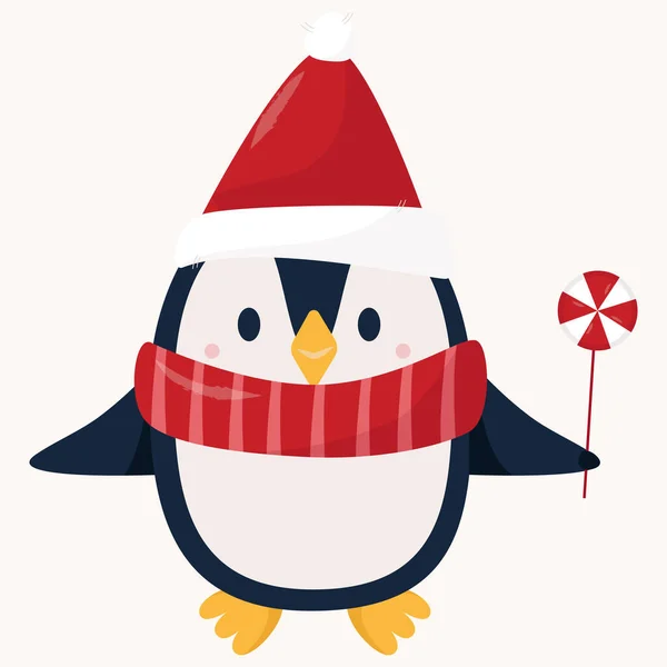 Weihnachtspinguin Mit Rotem Hut Und Süßigkeiten Cartoon Flach — Stockvektor