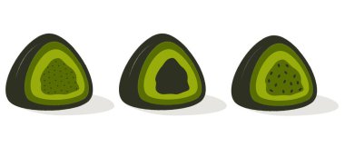 Japon mochi seti. Yeşil mochi - kiraz, nane, kivi. Düz vektör - Asya yiyeceği.