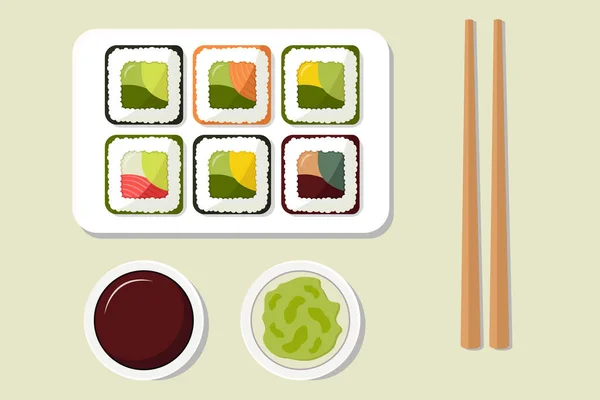 Sushi Dans Une Assiette Avec Sauce Soja Vasabi Illustration Style — Image vectorielle