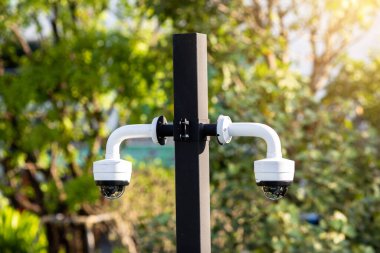 Selective focus to CCTV Camera with blurry green tree in the park.