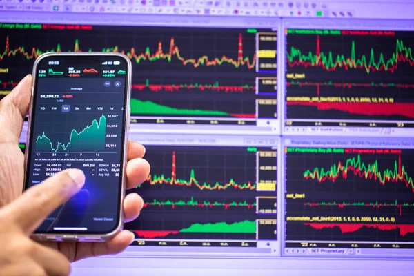 Foco Seletivo Gráfico Preços Das Ações Smartphone Mão Comerciante Com Imagem De Stock