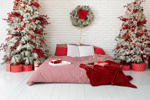 Konzept Neujahr Und Feiertage Innenarchitektur Schlafzimmer Winter Xmas Hygge Wohnkultur — Stockfoto