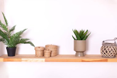 Zarif dekorlu ahşap raflar, vazo, çömlek içinde yeşil bitkiler ve beyaz duvarda sepet. Wabi Sabi 'nin modern kompozisyonu. Raflı ve şık dekorasyonlu. Saksıda yeşil bitkiler. 