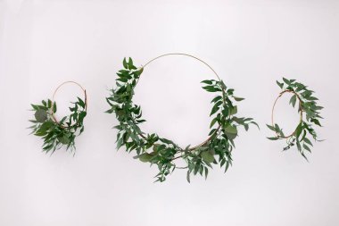 Green wreath with leaves on white background. Wreath made of branches, copy space. Flowers composition. Boxwood wreath. Green olive wreath on white background. Floral round frame made of branches
