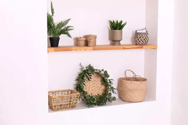 Boho Interior Living Room Wooden Shelves Elegant Decor Wicker Basket —  Fotos de Stock