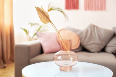 Minimal İskandinav tarzı dekorasyon. Şablon. Oturma odasında bir buket kurutulmuş çiçekli rahat gri kanepe ve kahve masası. Masadaki cam vazoda kurumuş bitki dalları. Ev dekorasyonu. 