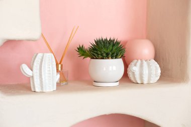 İskandinav tarzı oturma odasının dekorasyonu, aroma yayıcısı, kaktüs heykelcikleri ve saksılarda bitkileri olan tasarım rafı. Şablon. Modern ev dekorasyonu. Tencerelerde kaktüs koleksiyonu