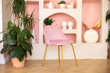 Wabi Sabi 'nin modern kompozisyonu ev dekorasyonu ve pembe sandalyeli kemer rafı. Oturma odasının şık kavramsal iç mekanı. Terracotta kaplarında yeşil fitil elastica bitkileri 