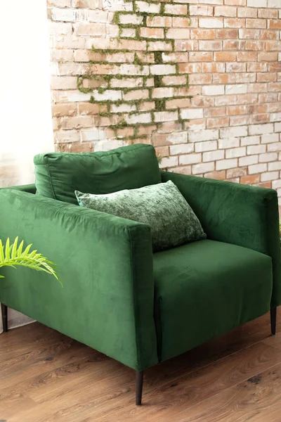 Elegant Living Room Interior Loft Style Green Armchair Brick Wall — Stock Photo, Image