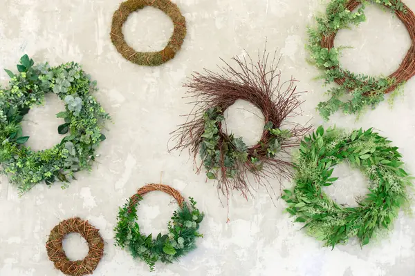 Green wreaths with leaves on grey wall. Wreath made of branches. Flowers composition. Boxwood wreath. Green olive wreath. Floral round frame made of branches. Wedding wall decoration made of circles.