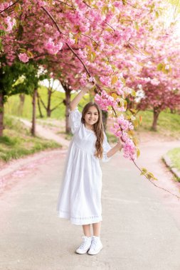 Sakura bahçesindeki çiçek açan ağaçta beyaz elbiseli, gülümseyen genç kız. Kadın güzelliği ve doğa konsepti. Çiçekli bahar parkında yürüyen beyaz elbiseli güzel bir kızın portresi.. 