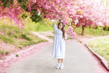Sakura bahçesindeki çiçek açan ağaçta beyaz elbiseli, gülümseyen genç kız. Kadın güzelliği ve doğa konsepti. Çiçekli bahar parkında yürüyen beyaz elbiseli güzel bir kızın portresi.. 