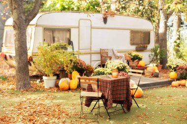 Bahçede sıcak bir sonbahar havası. Arka bahçesinde bahçe mobilyaları olan karavan evi var. Masası, sandalyesi, saksısı ve karavanın yanında balkabağı olan rahat bir yer. Cadılar Bayramı