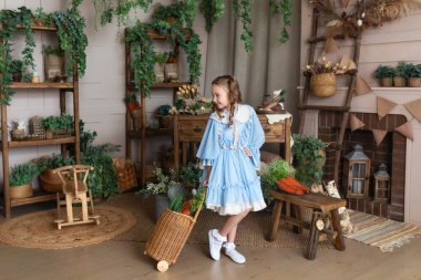 Mavi elbiseli, sepeti sepetli, sepetli ve sebzeli genç mutlu bir kız. Paskalya iç odasının arka planında gülümseyen küçük bir kız. Kutlama evde. organik gıda