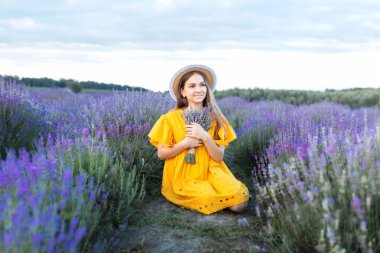 Lavanta buketi tutan sevimli kız çocuğu portresi ve lavanta çalılarının ortasında oturuyor. Provence. Hasır şapkalı güzel bir genç kız ve sarı bir elbise lavanta tarlasında lavanta topluyor. 