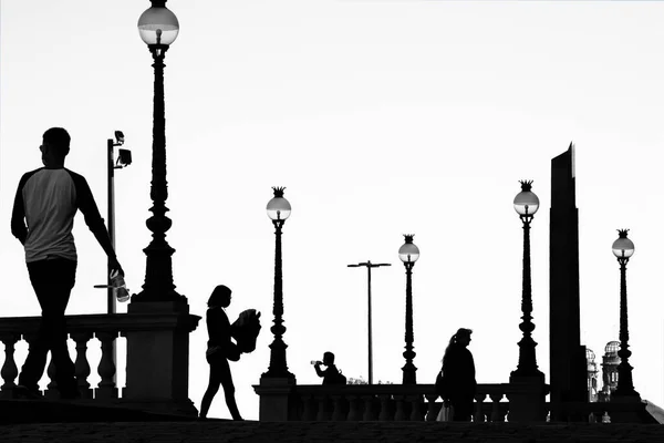 Silhouettes and shadows of people and lamps - in front of the National Museum in Prague.